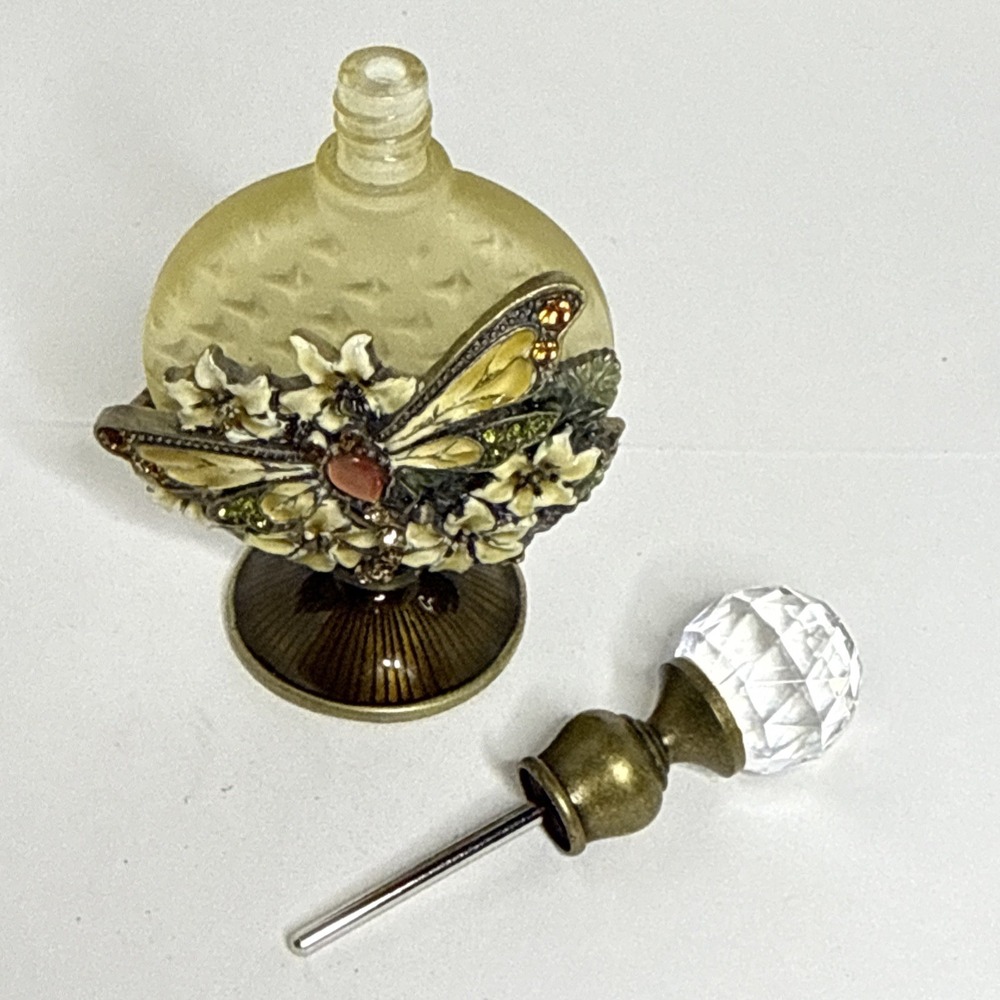 Vintage Dragonfly Perfume Bottle 4"  Rhinestone Enamel Crystal Stopper #1621 - Picture 10 of 11